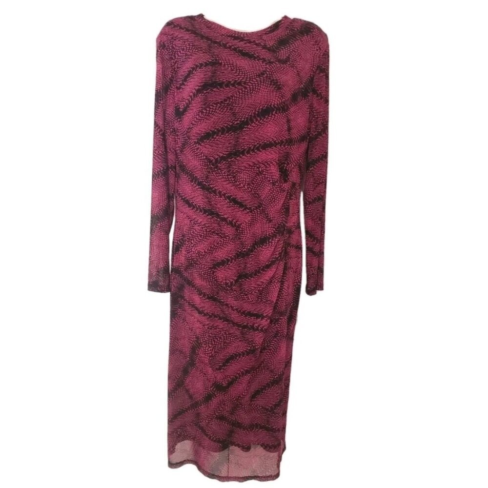 NWT NINE WEST LONG SLEEVE RUCHED SIDE PRINTED MESH DRESS MAGENTA BLACK SZ 12